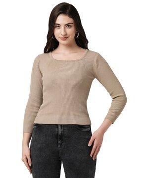 women ribbed slim fit round-neck top