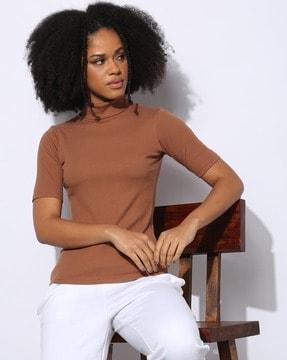 women ribbed slim fit turtleneck t-shirt