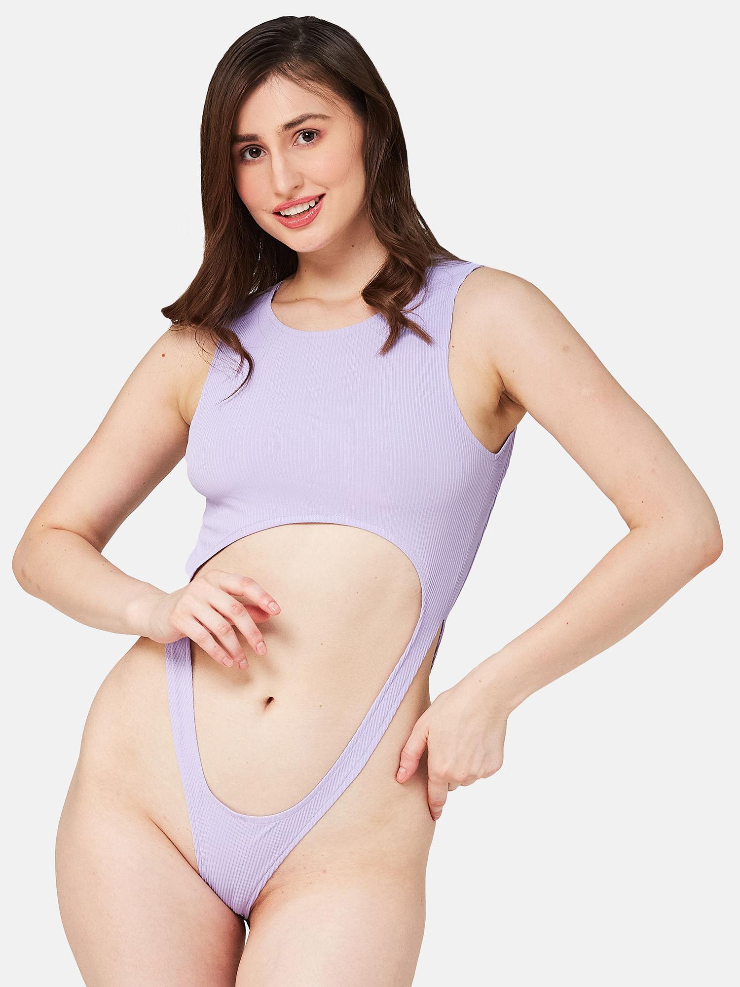 women ribbed solid bodysuit swimwear lavender