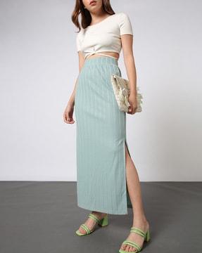 women ribbed straight skirt with side slit