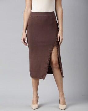 women ribbed straight skirt with thigh-slit