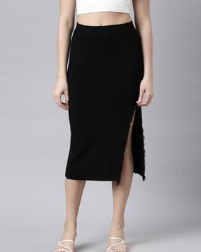 women ribbed straight skirt with thigh-slit