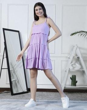 women ribbed tiered dress with tie-up