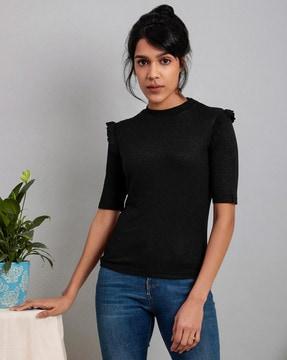women ribbed top with frilled shoulder