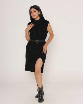 women ribbed turtle-neck a-line dress with belt