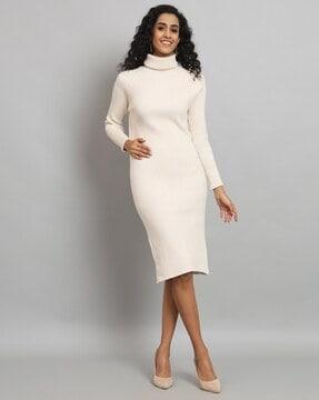 women ribbed turtleneck sheath dress