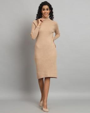 women ribbed turtleneck sheath dress