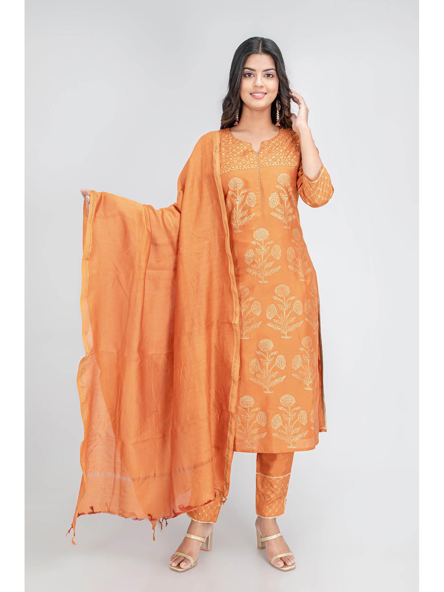 women rich silk hand block printed kurta pants with dupatta orange (set of 3)