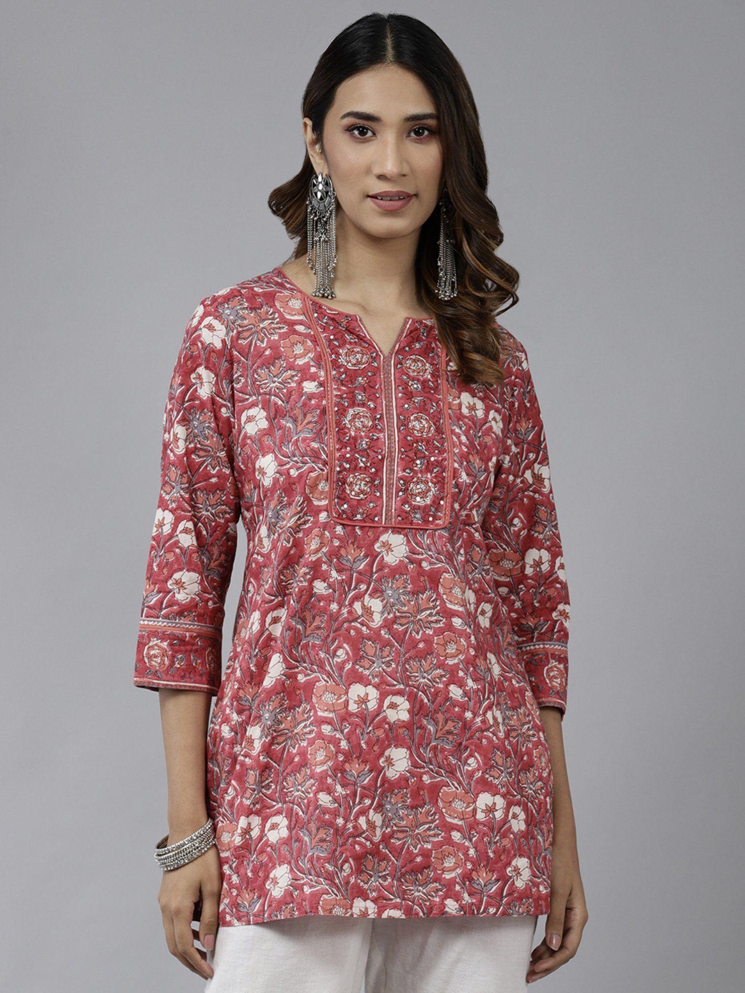 women rose floral printed sequinned pure cotton straight kurti