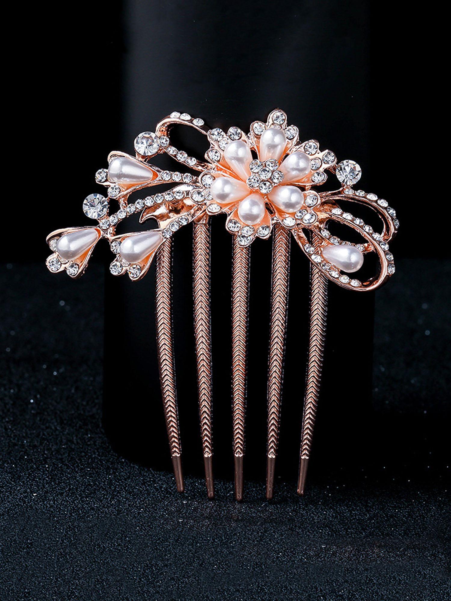 women rose gold & white beaded comb pin