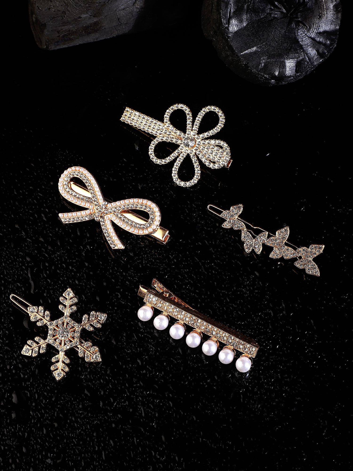 women rose gold and white embellished alligator hair clip (set of 5)