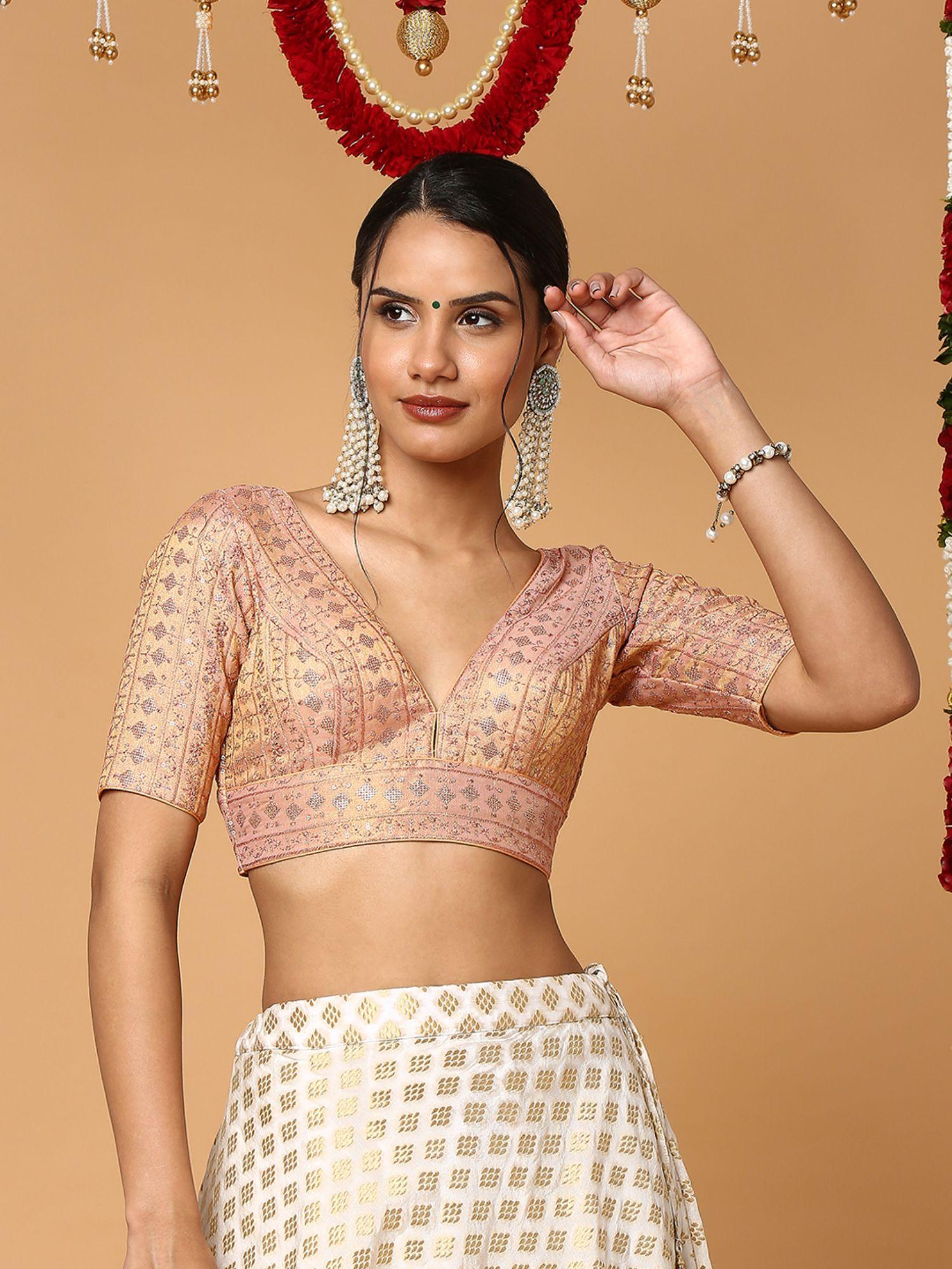 women rose gold silk blend readymade saree blouse