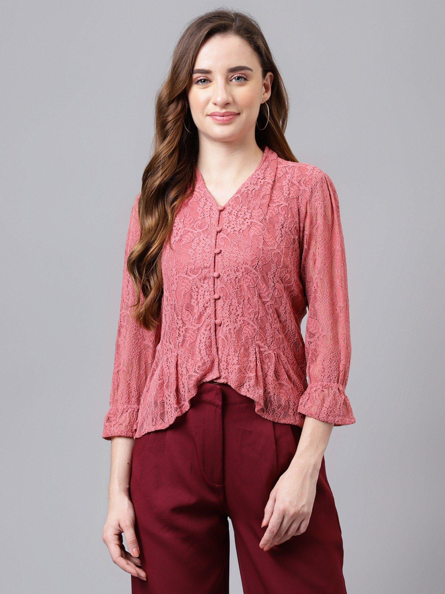 women rose pink self design front button trendy top