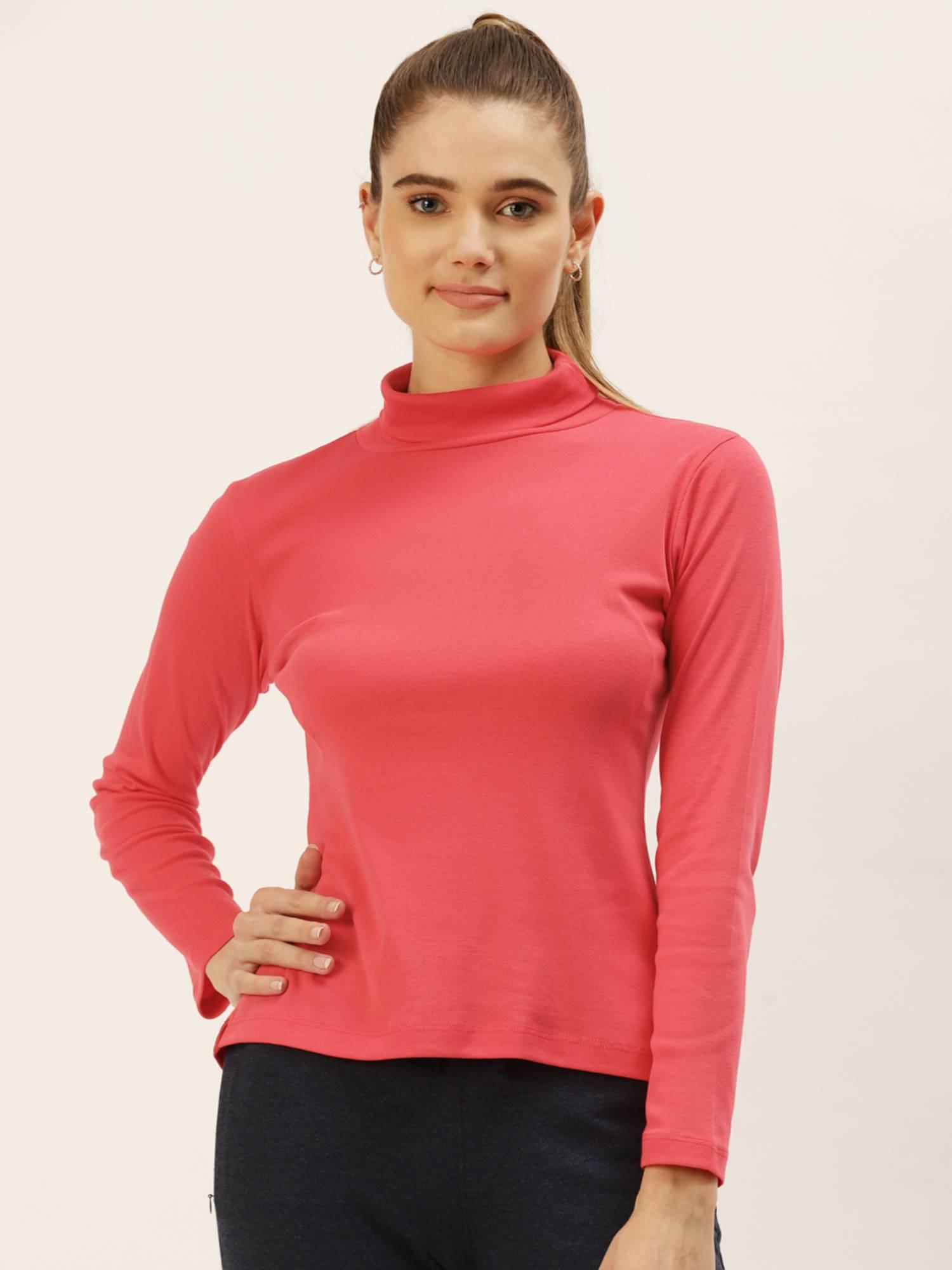 women rose pink solid turtle neck pure cotton top