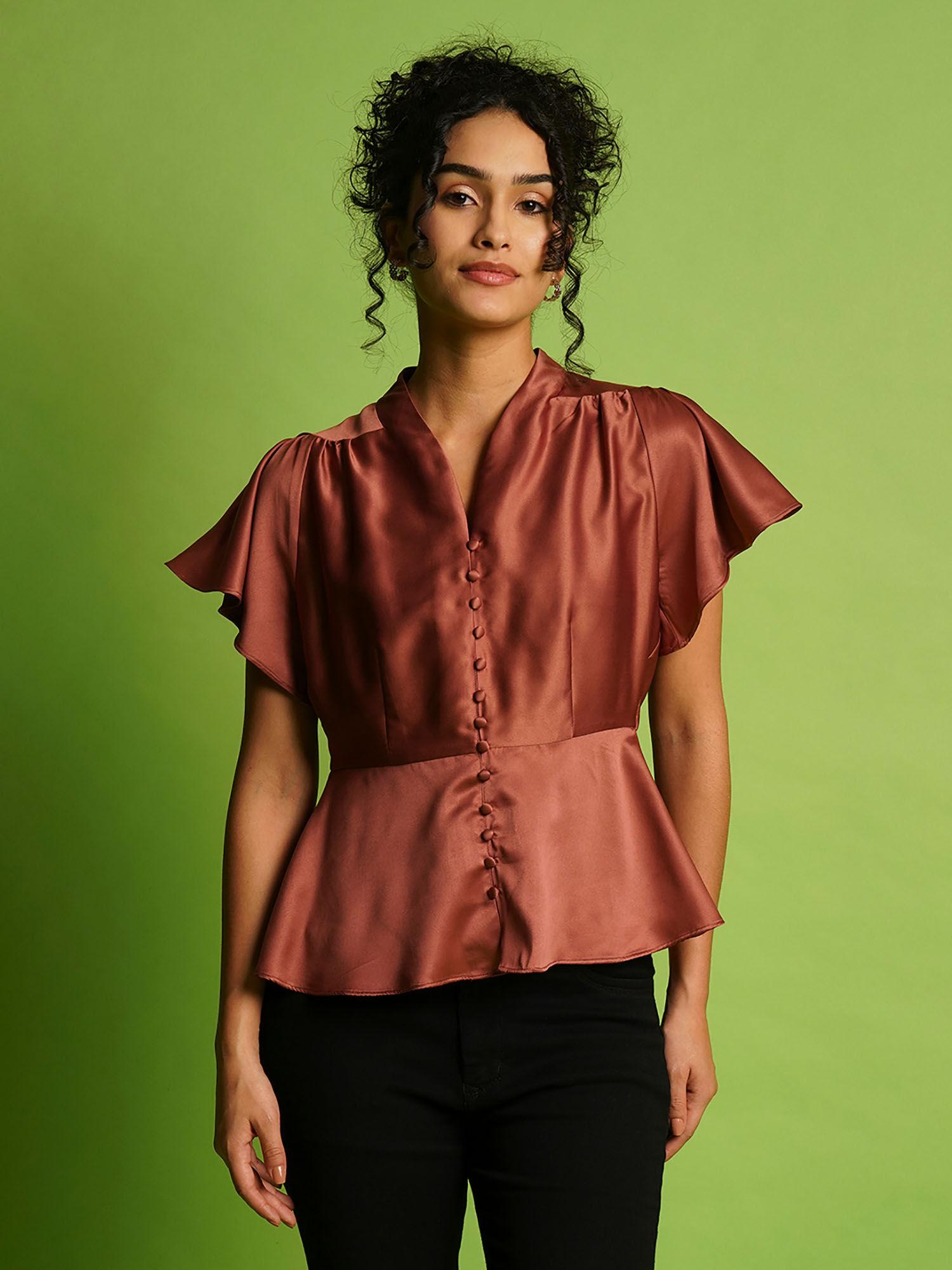 women rose v-neck flutter sleeves workwear peplum top