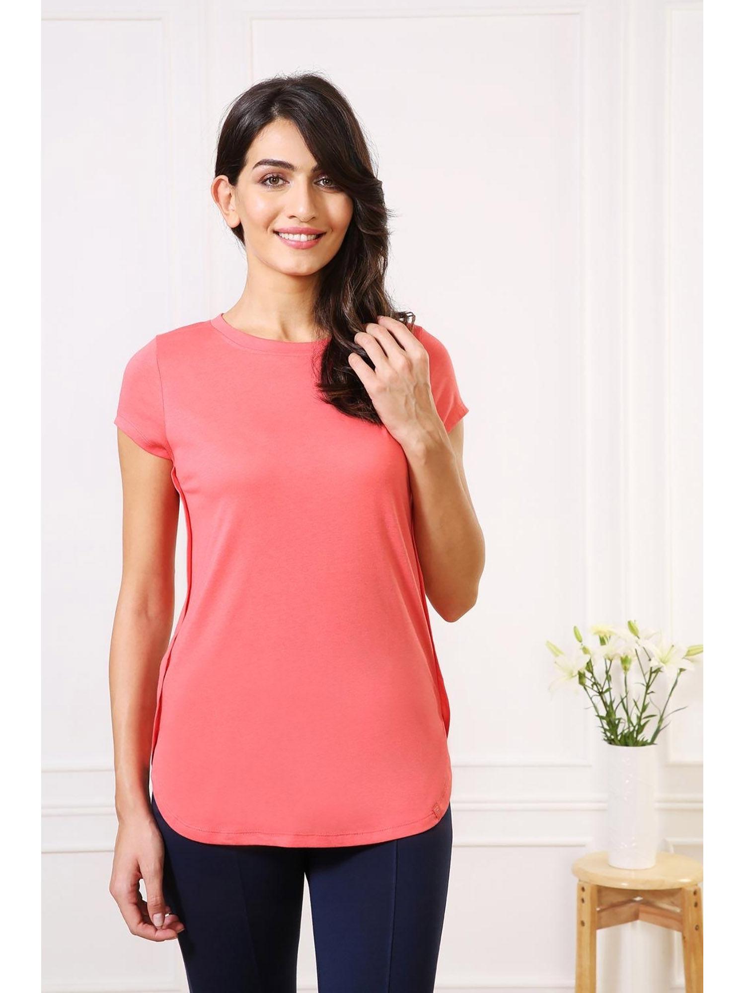 women round neck & short sleeve lounge t-shirt - candy coral