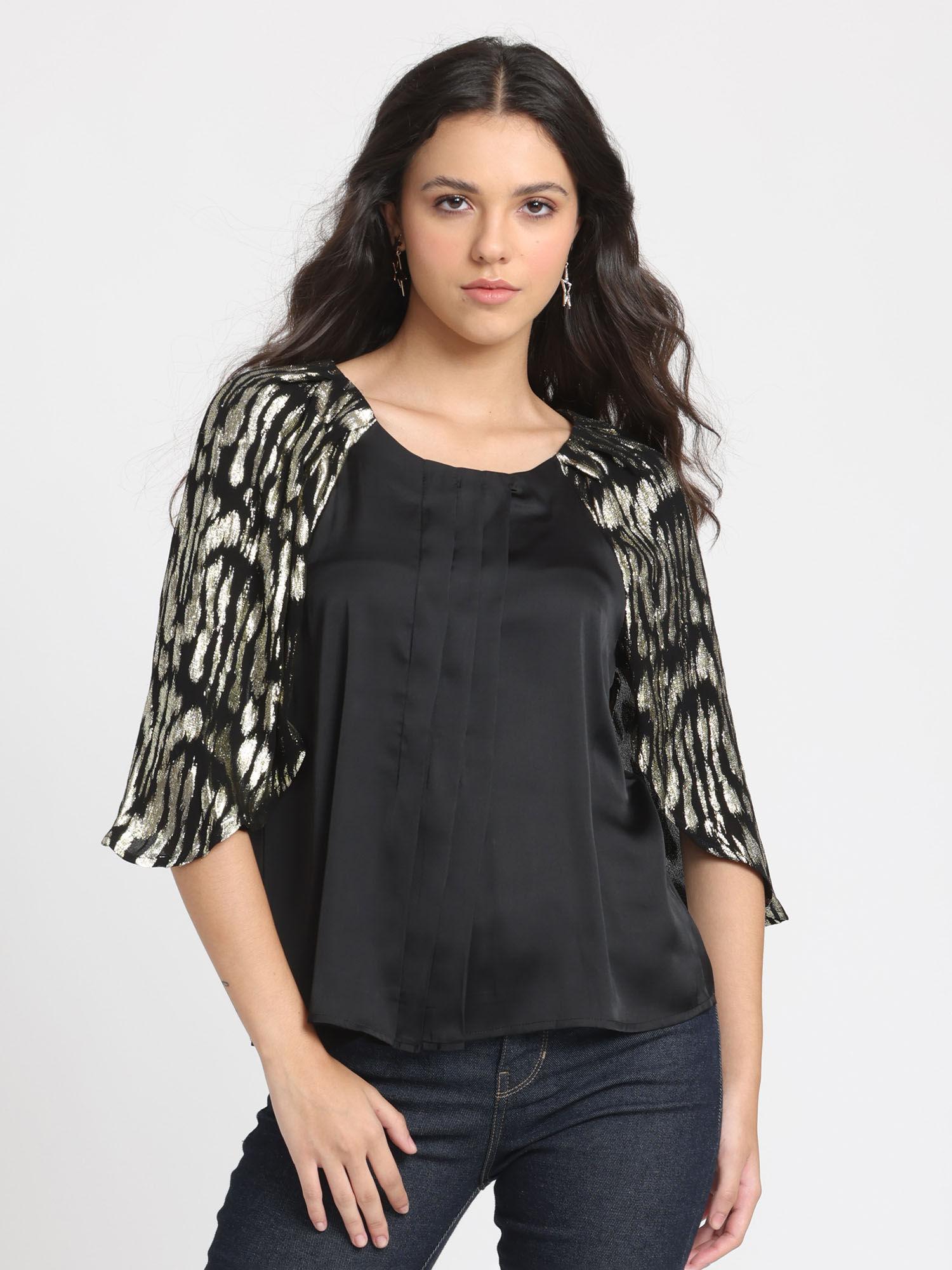 women round neck black solid three quarter sleeves casual tops