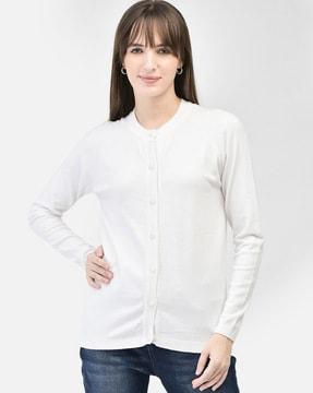 women round-neck cardigan with ribbed hem