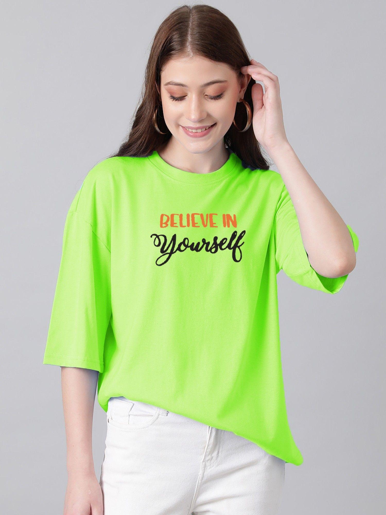 women round neck cotton blend oversized printed t-shirt-green