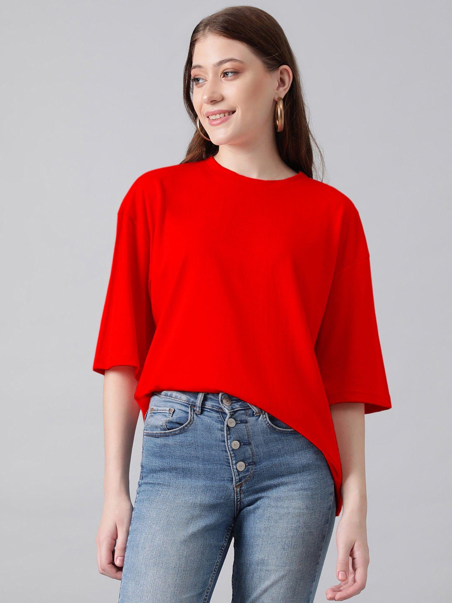 women round neck cotton blend oversized printed t-shirt-red