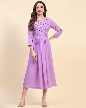 women round-neck fit & flare dress with embroidery