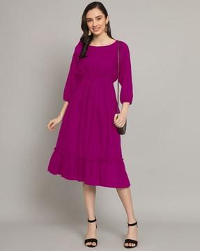 women round-neck fit & flared dress