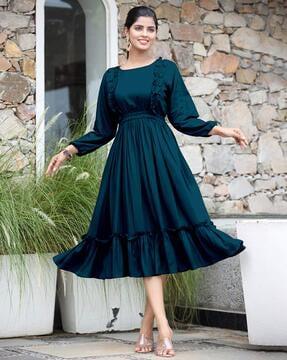 women round-neck fit & flared dress