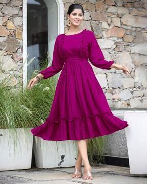 women round-neck fit & flared dress