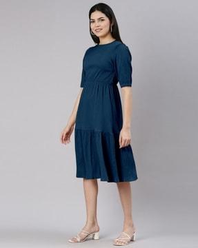 women round-neck fit & flared dress