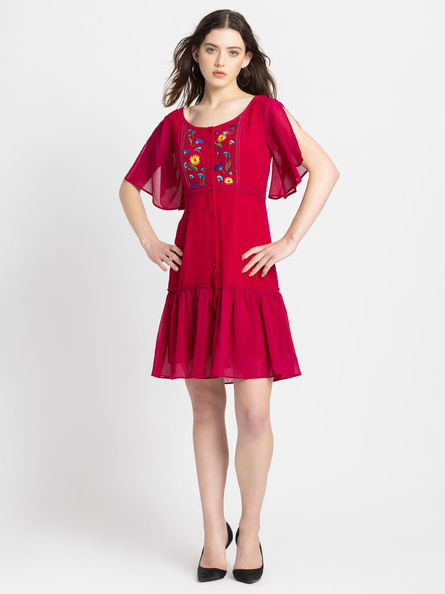 women round neck fuchsia embroidered short sleeves casual dress