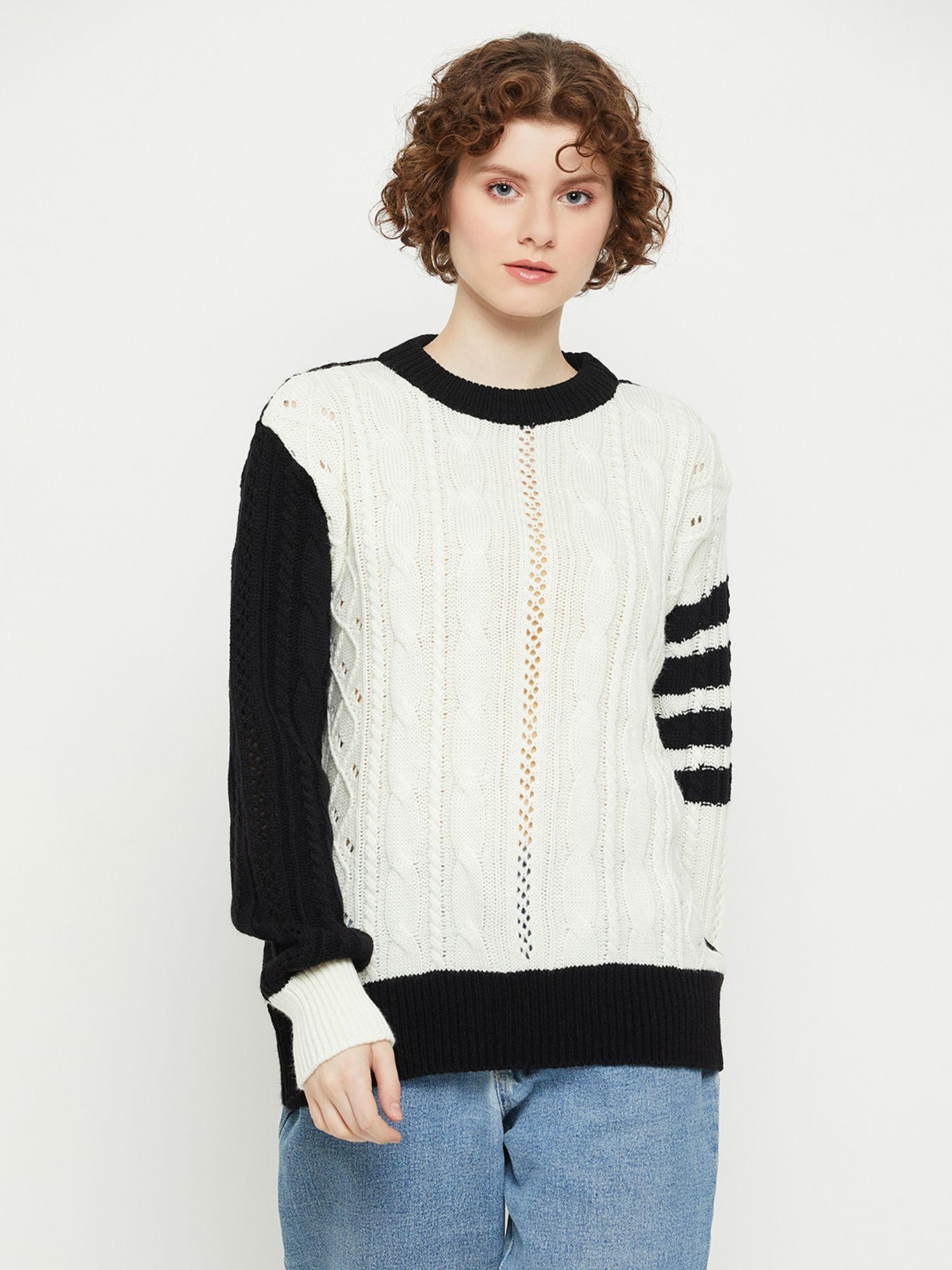 women round neck full sleeves cable knit sweater