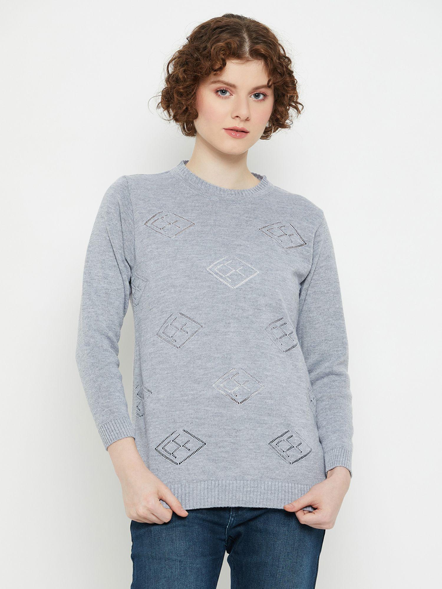 women round neck full sleeves open knit sweater