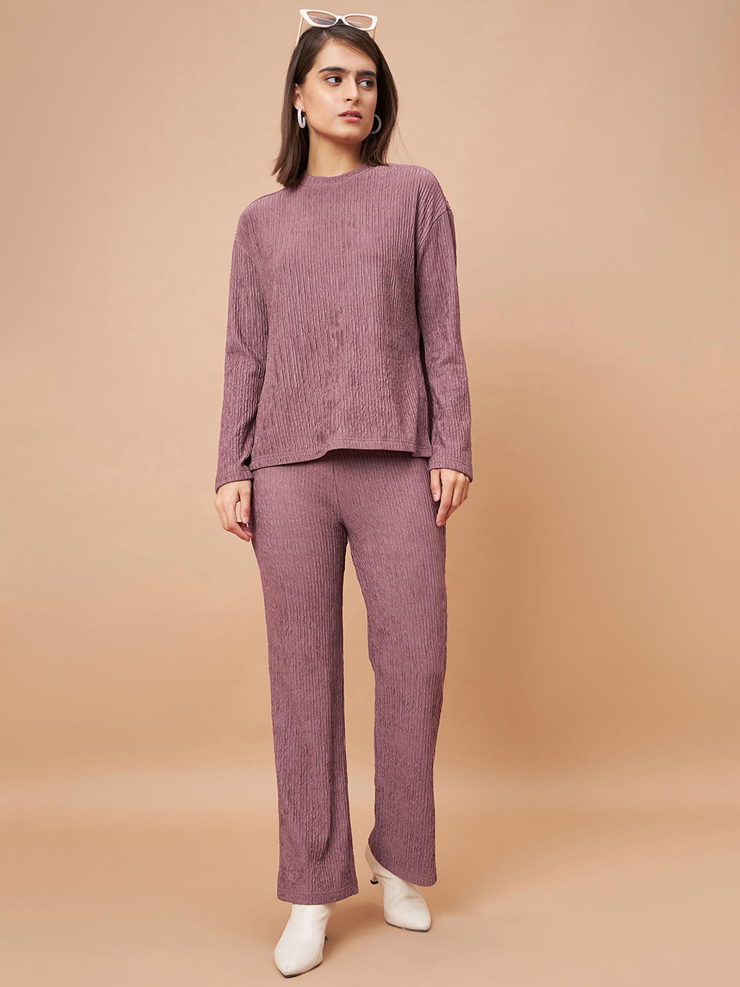 women round neck full sleeves polyester fabric mauve top with pant (set of 2)