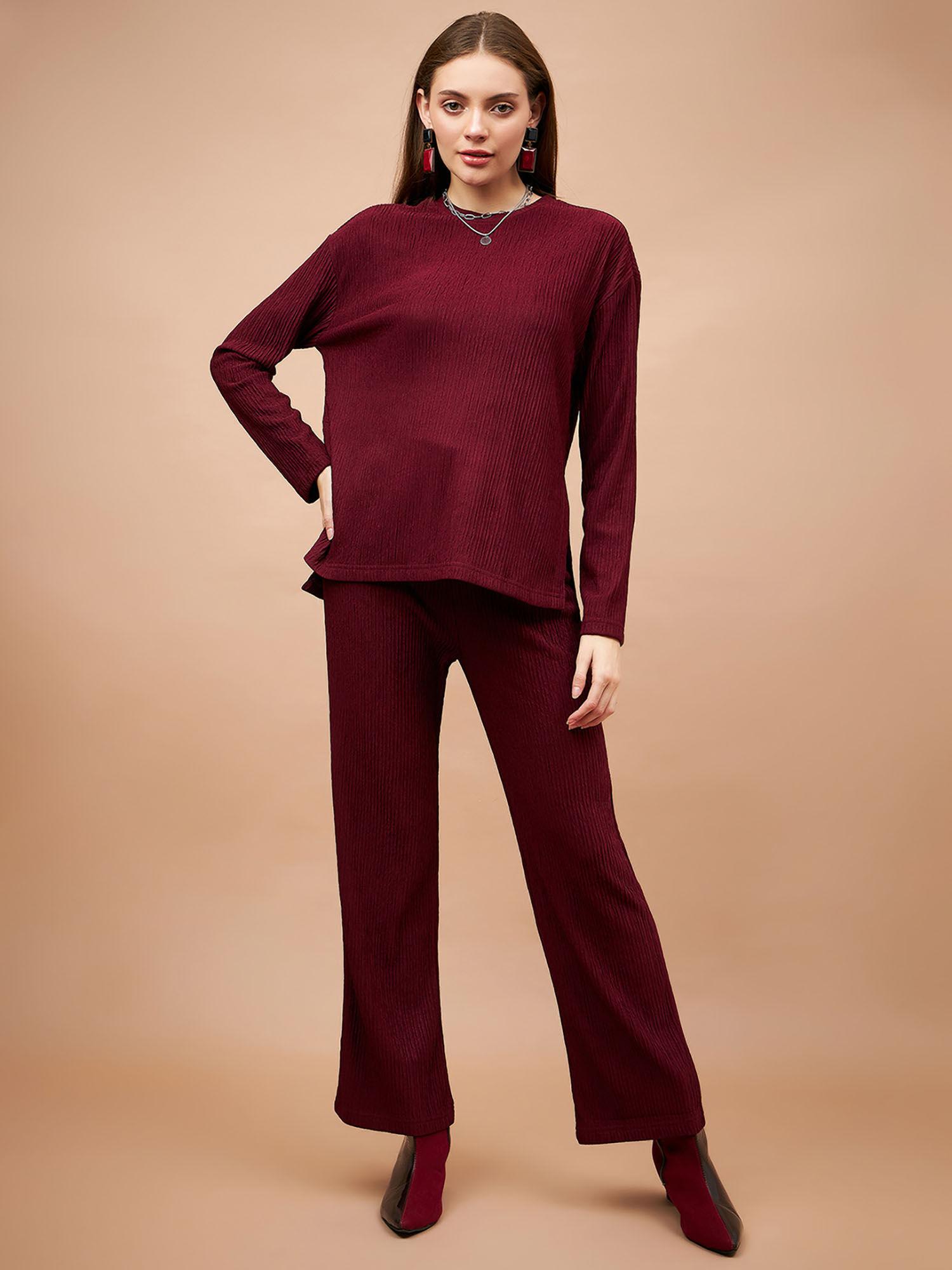 women round neck full sleeves polyester fabric wine top with pant (set of 2)