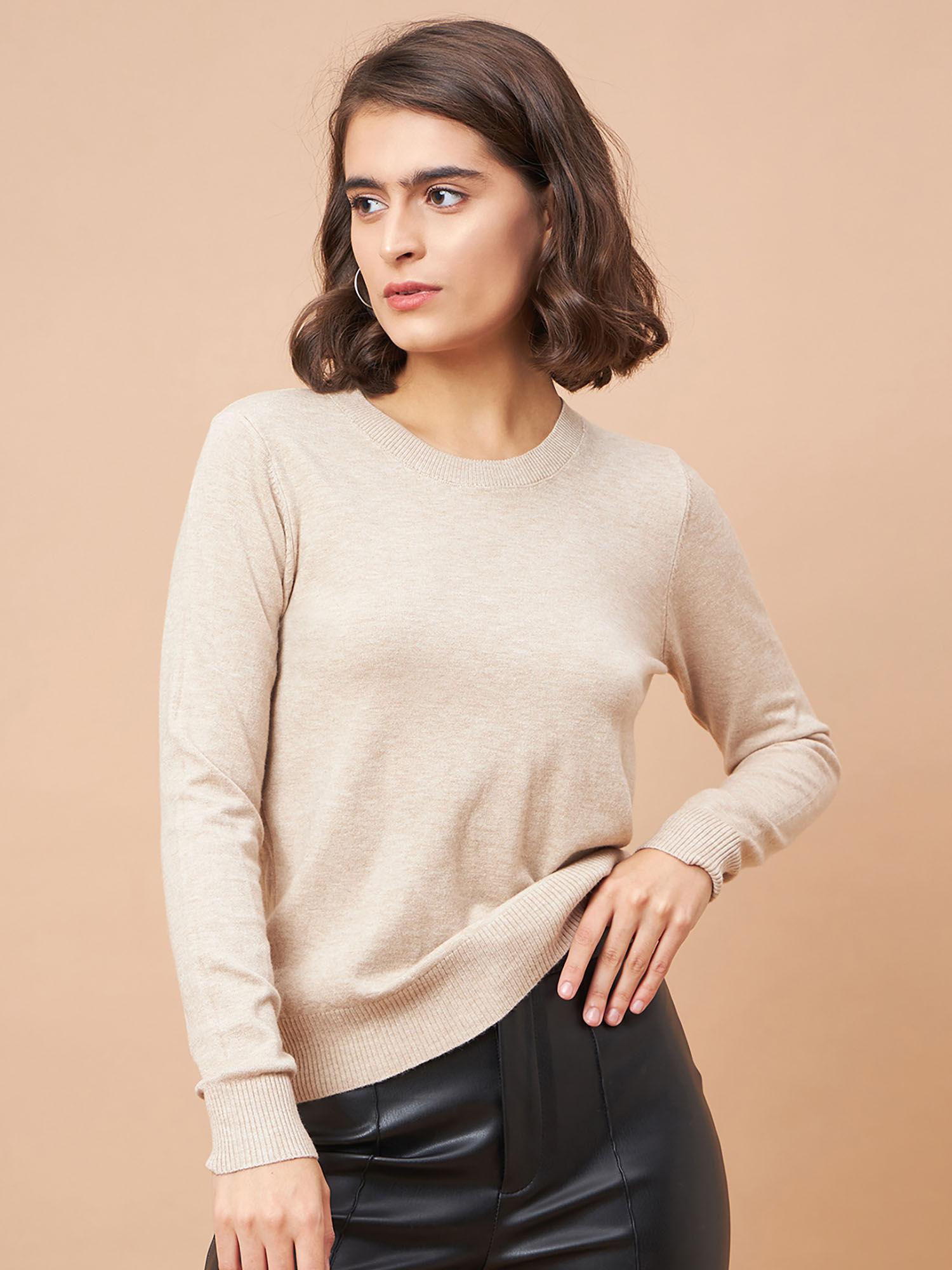 women round neck full sleeves wool fabric beige sweater