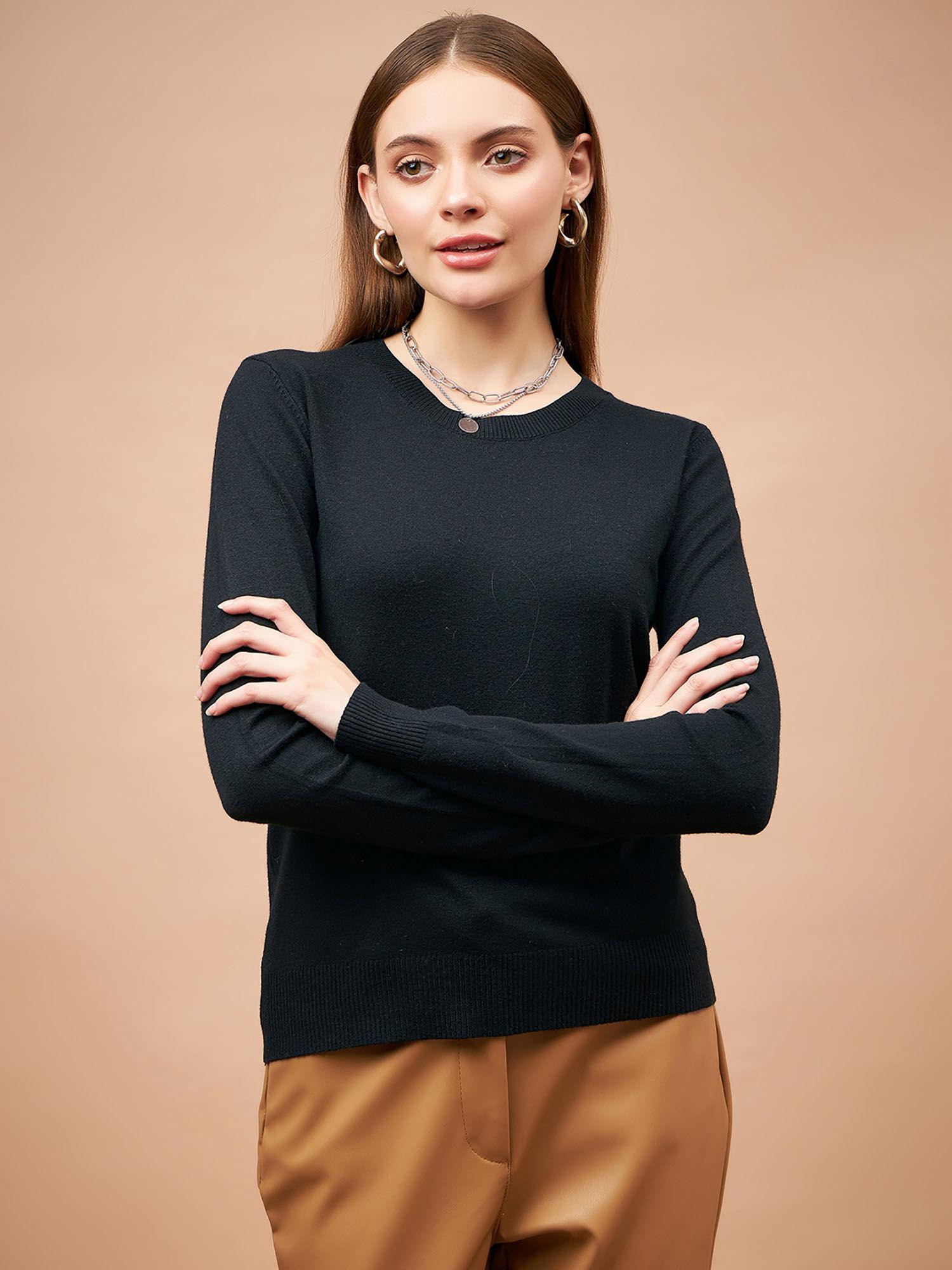 women round neck full sleeves wool fabric black sweater