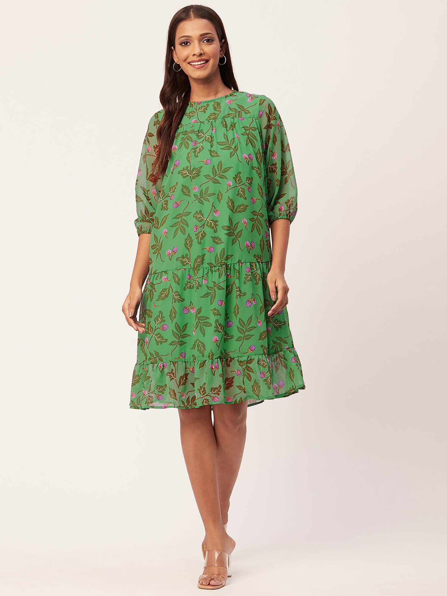 women round neck green floral printed knee length dress