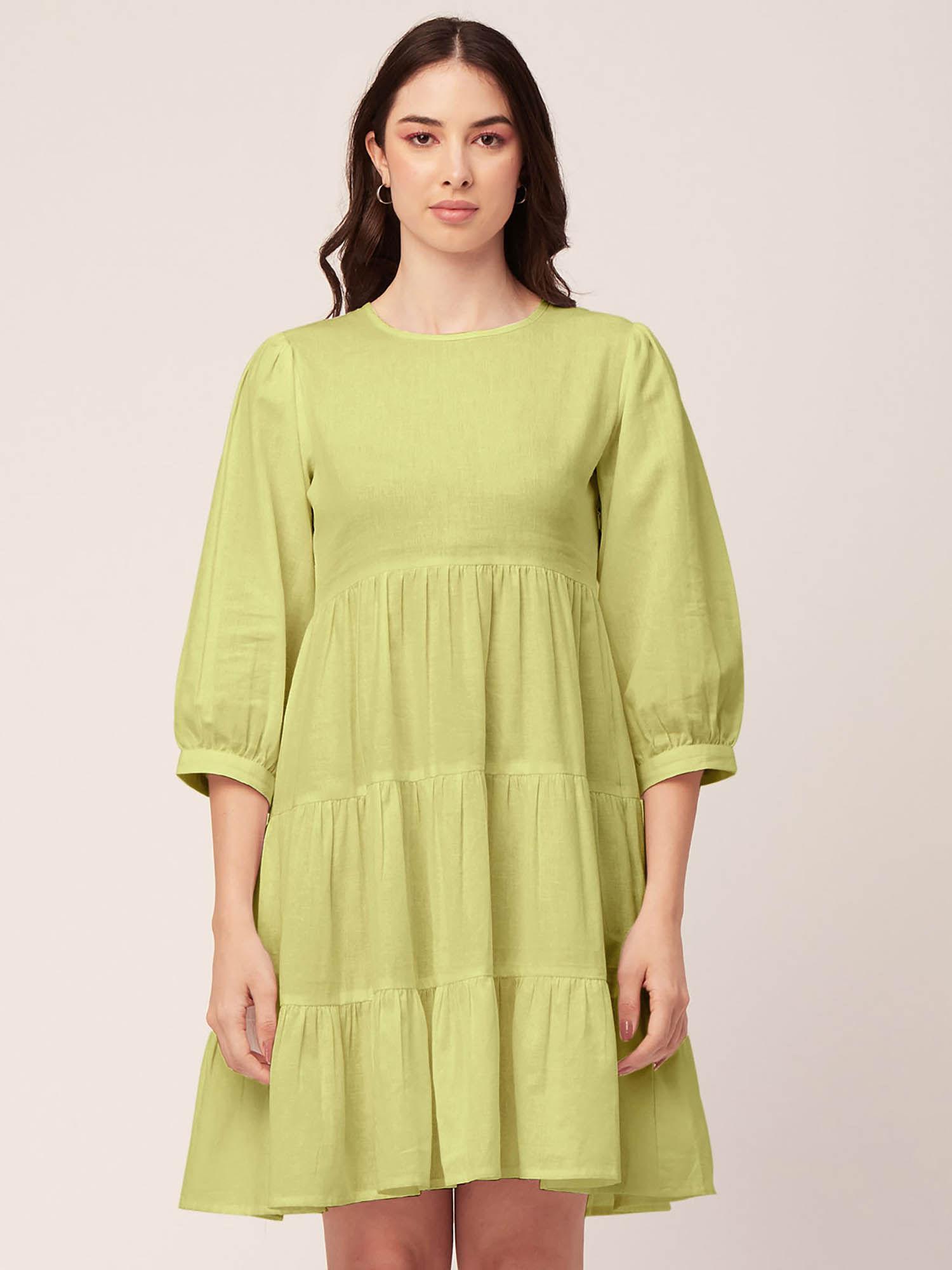 women round neck green solid knee length dress