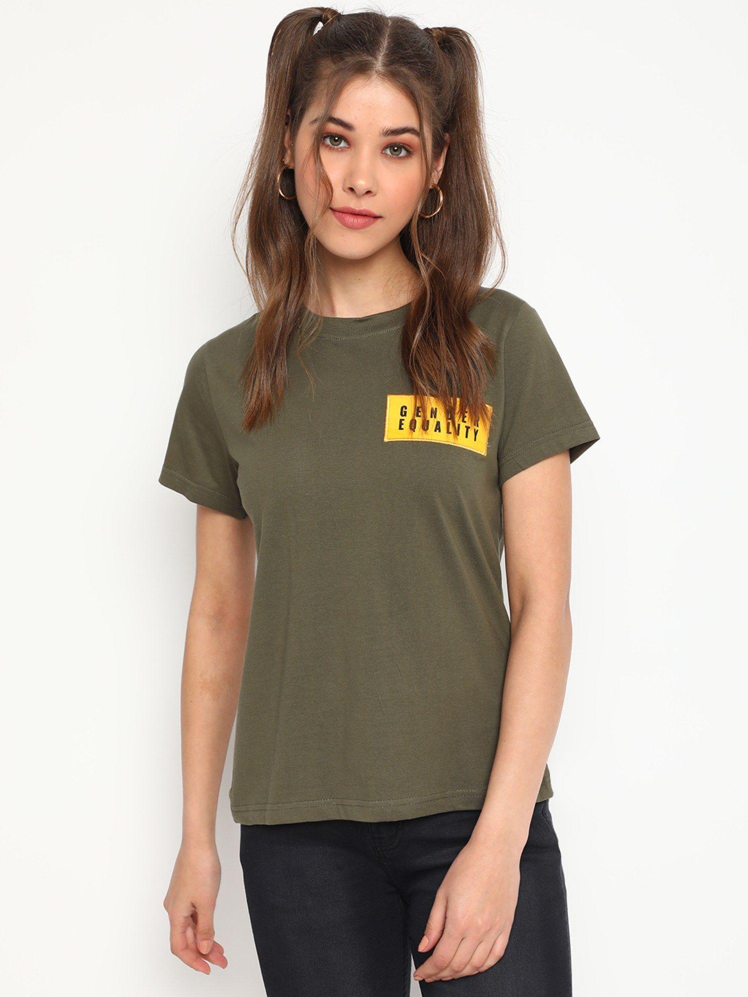 women round neck half sleeve cotton green t-shirt