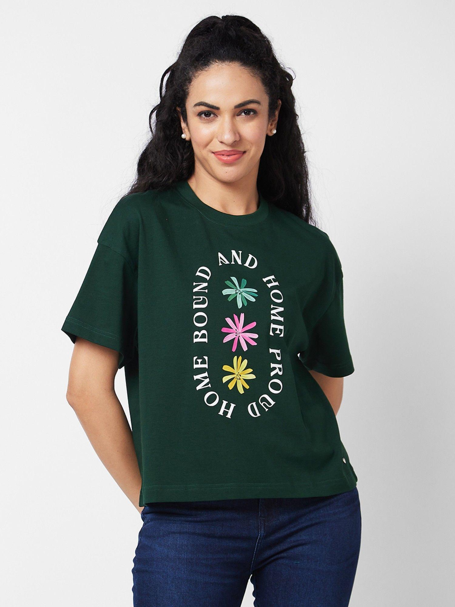 women round neck half sleeves green t-shirt