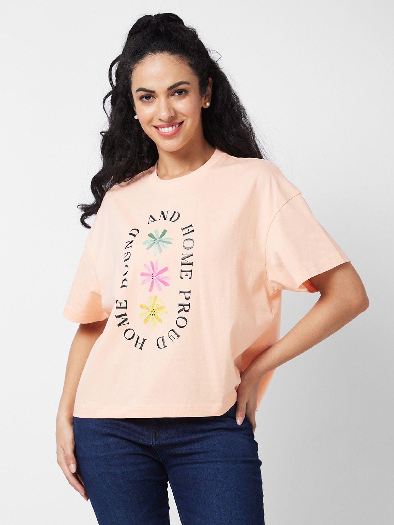 women round neck half sleeves peach t-shirt