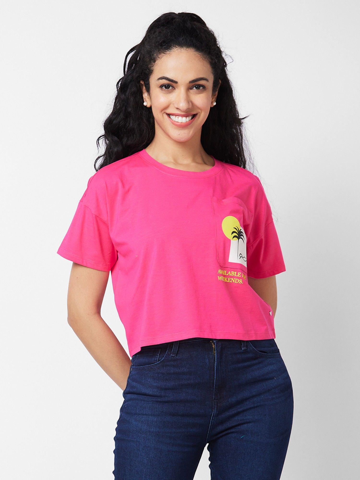 women round neck half sleeves pink t-shirt