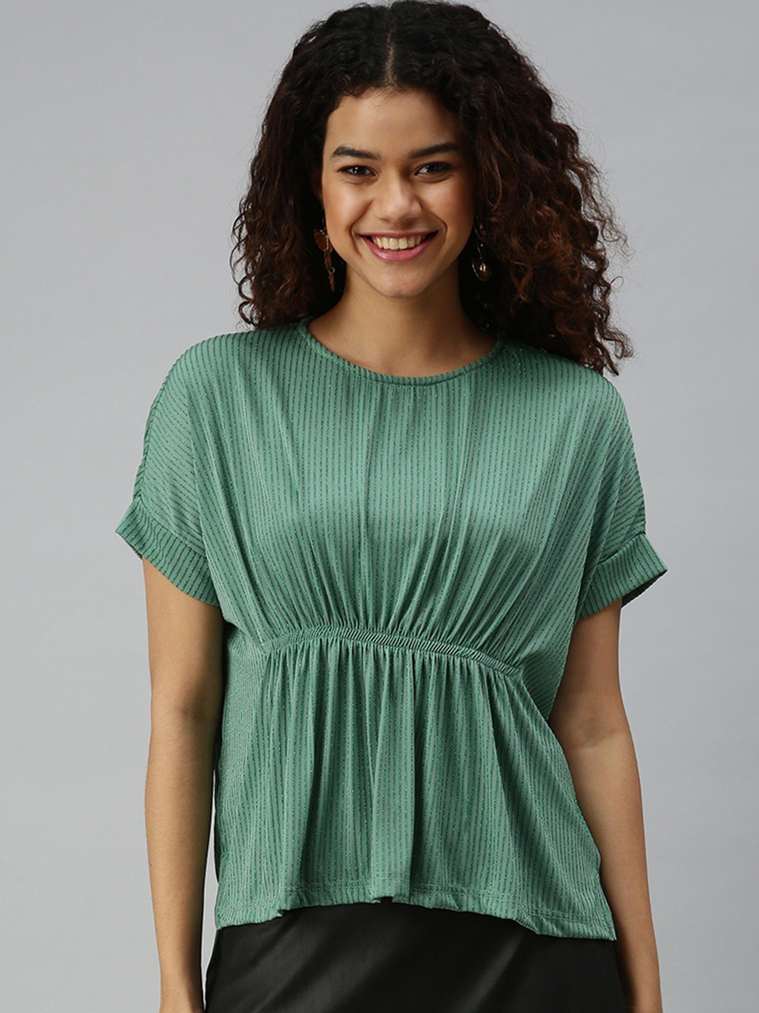 women round neck half sleeves self design green top