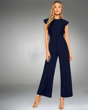 women round-neck jumpsuit with ruffled detail