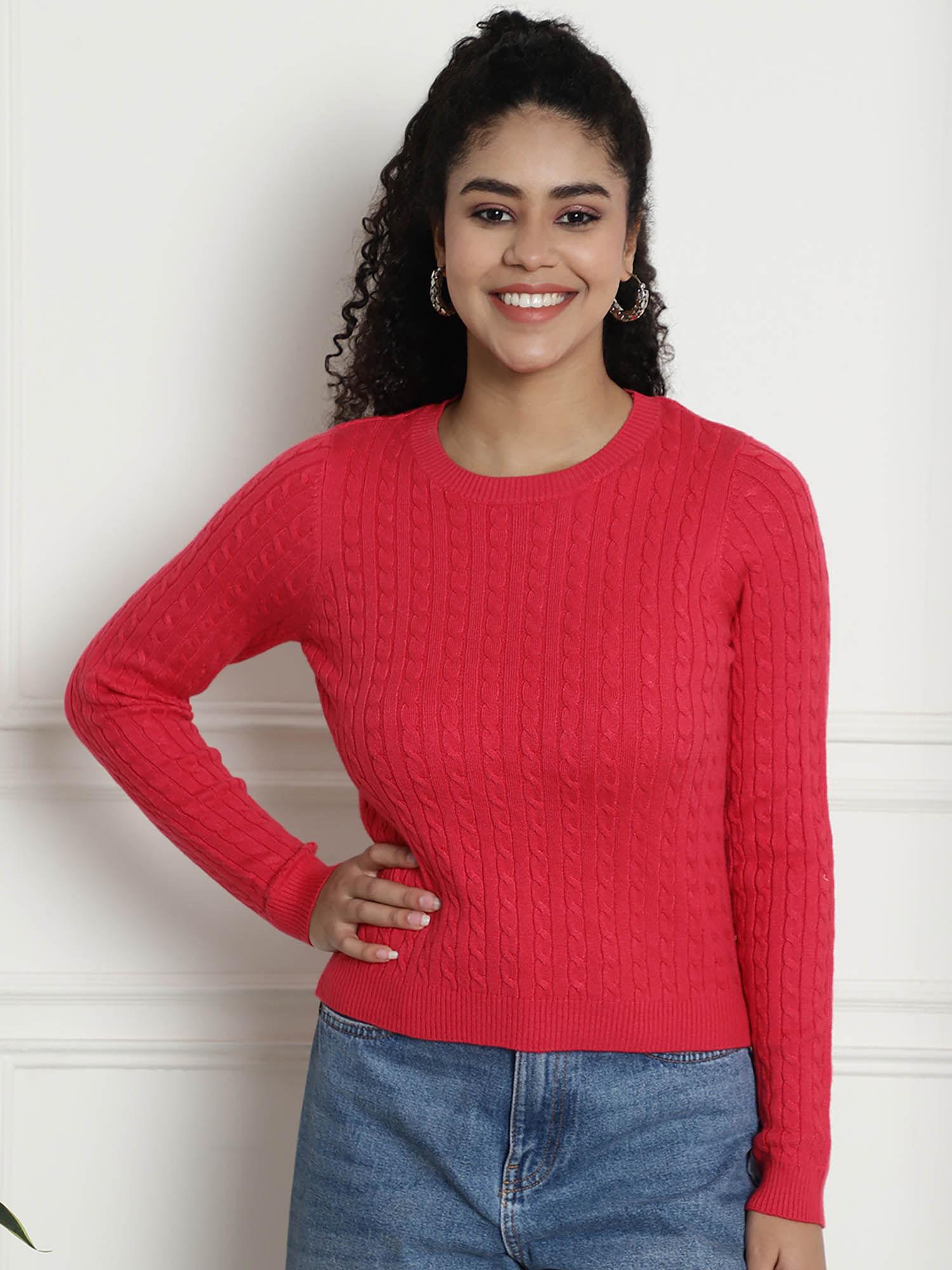 women round neck kable knit red sweater