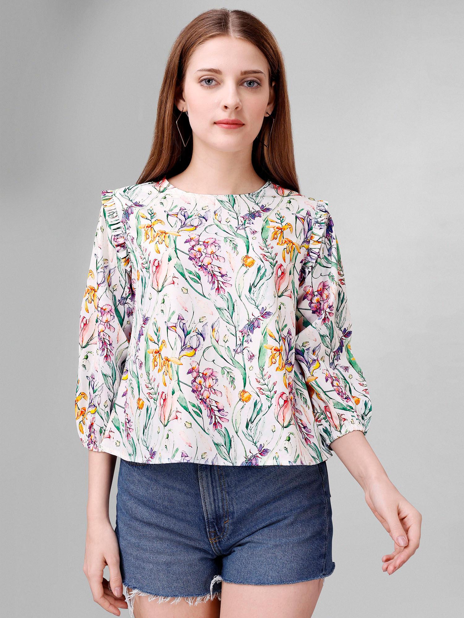 women round neck multi-color crepe top