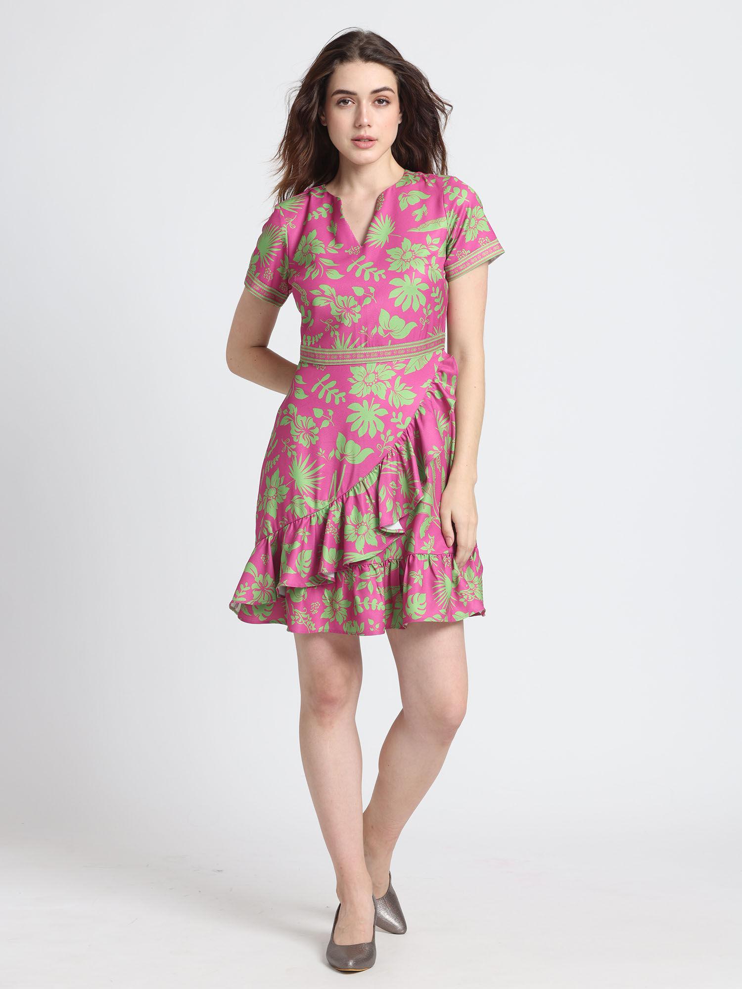 women round neck pink printed half sleeves casual mini dress