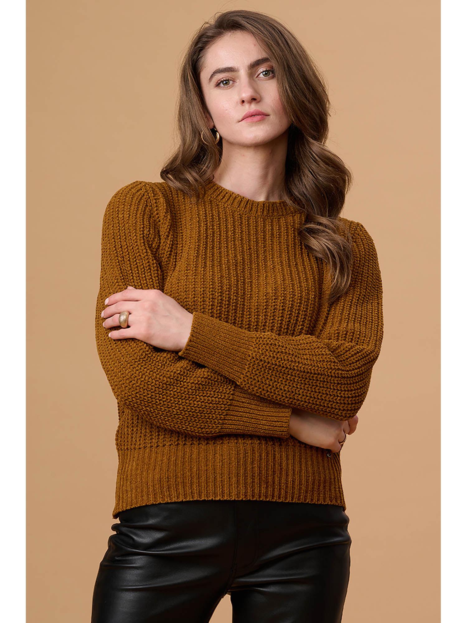 women round neck regular full sleeves acrylic fabric butterscotch sweaters