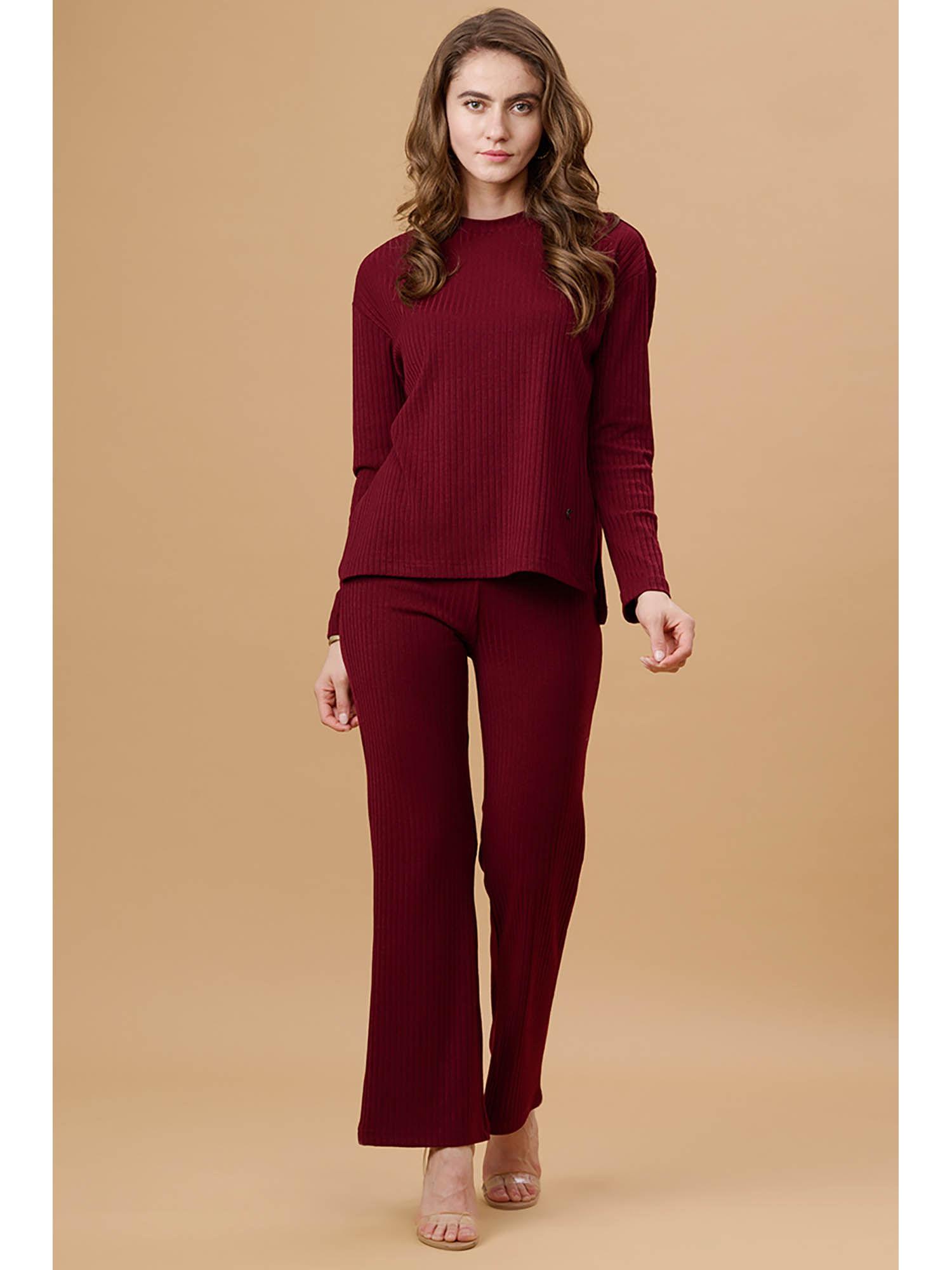 women round neck regular full sleeves poly knit wine co-ord (set of 2)