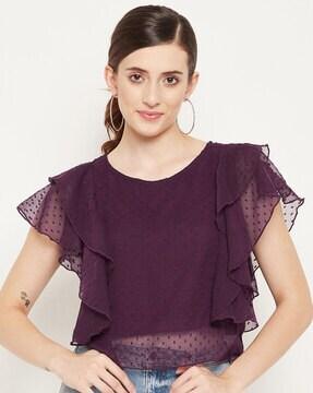 women round-neck relaxed fit ruffled top